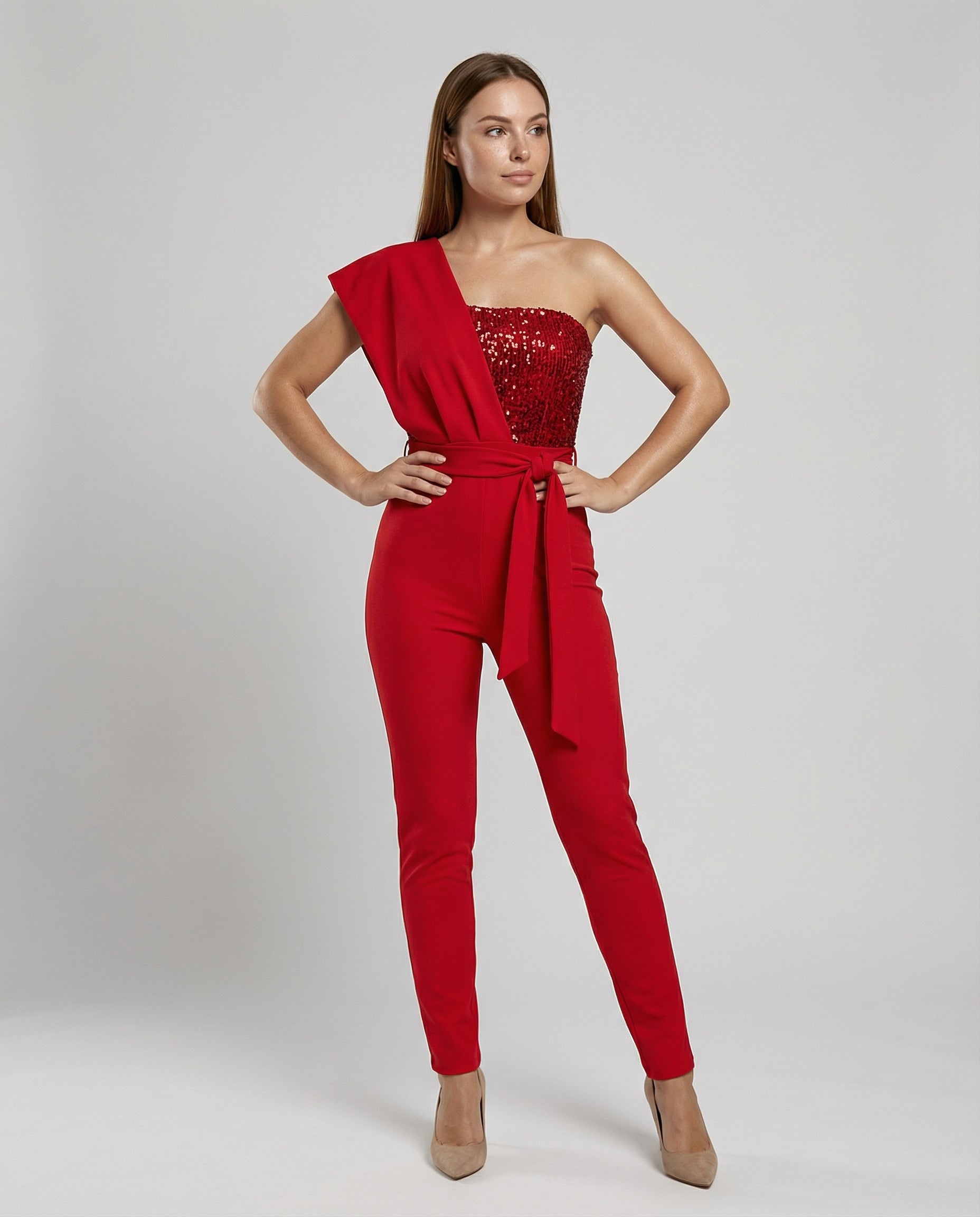 Stalluxe | Patchwork Pailletten Jumpsuit Damen Rot