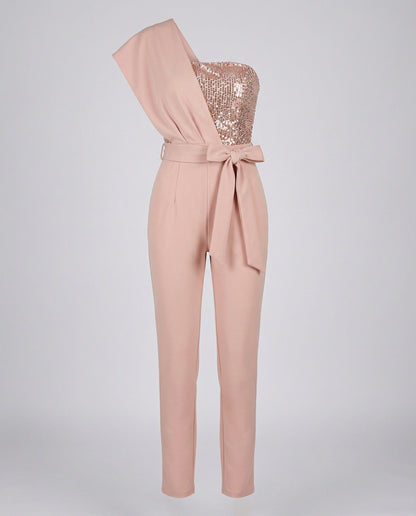 Stalluxe | Patchwork Pailletten Jumpsuit Damen Aprikose