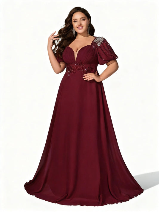 Stalluxe | Klassisches Burgunderrotes Chiffon-Abendkleid mit Tiefem V-Ausschnitt und Volantärmeln