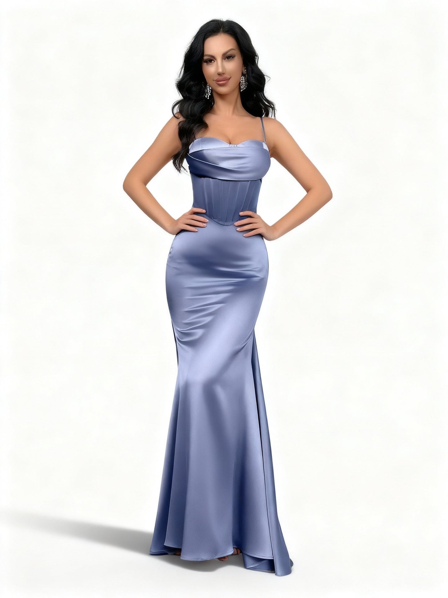 Stalluxe | Satinkleid mit Spaghettiträgern und Halterneck Dunstblau