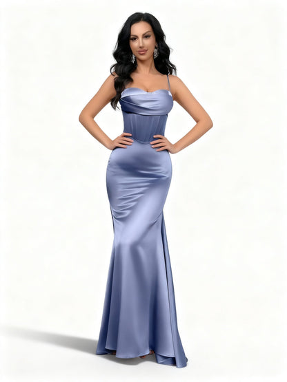 Stalluxe | Satinkleid mit Spaghettiträgern und Halterneck Dunstblau