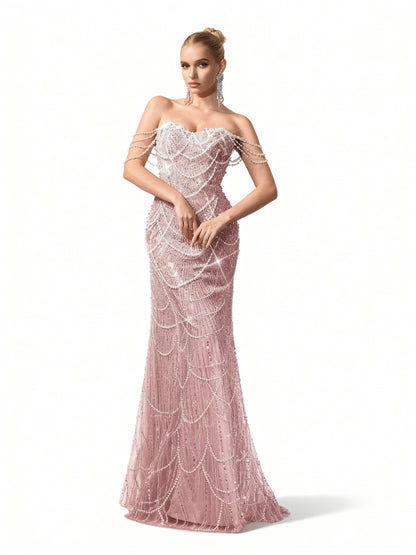 Stalluxe | Perlenverziertes Kleid mit Einer Schulter in Bodenlänge Rosa
