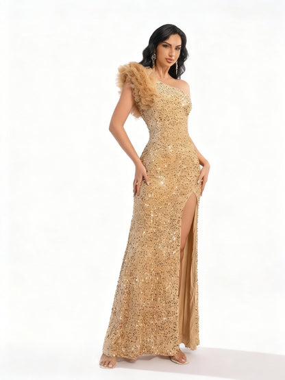 Stalluxe | Paillettenkleid mit Einer Schulter und Schlitz aprikose