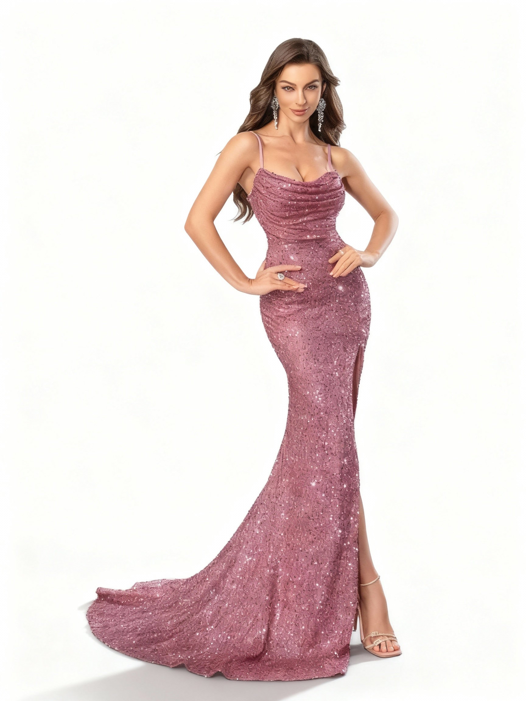 Stalluxe | Rosa Rückenfreies Paillettenkleid mit Hohem Schlitz