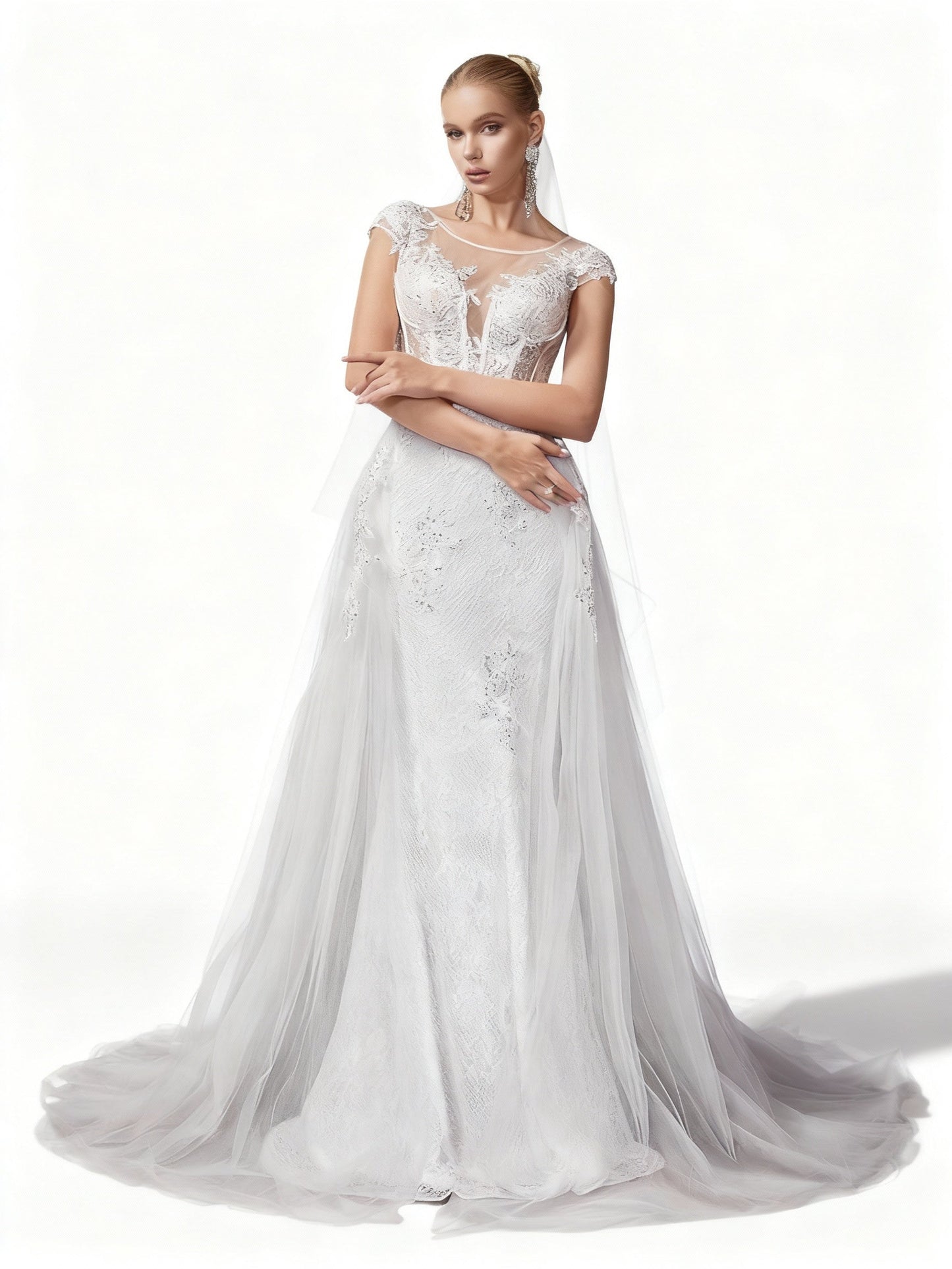 Stalluxe | Elegantes Weißes Brautkleid mit Mesh und Boot-Ausschnitt