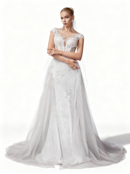 Stalluxe | Elegantes Weißes Brautkleid mit Mesh und Boot-Ausschnitt