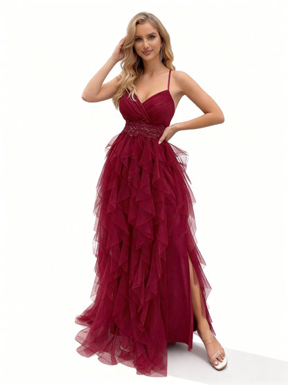 Stalluxe | Burgunderrotes Mehrlagiges Rüschenkleid mit Trägern