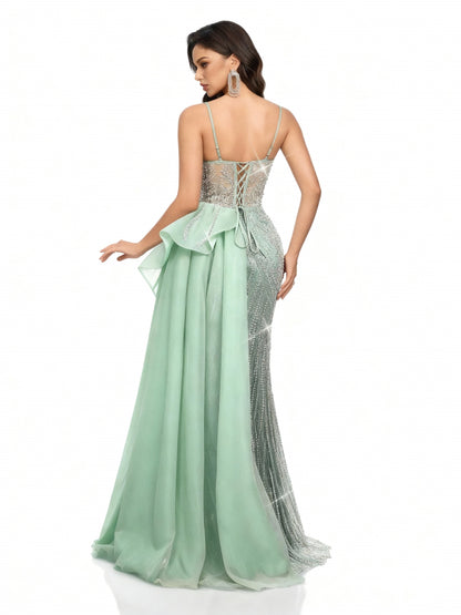 Stalluxe | Minzgrünes Paillettenkleid mit Hohem Schlitz im Meerjungfrauenstil