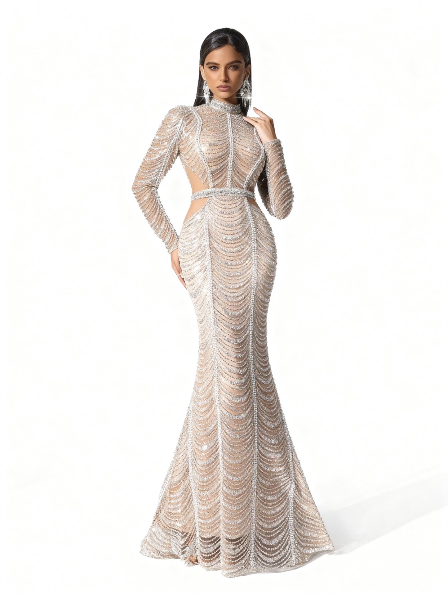 Stalluxe | Champagnerfarbenes Perlenkleid mit Stehkragen und Langen Ärmeln XL