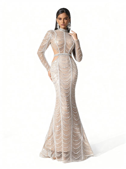 Stalluxe | Champagnerfarbenes Perlenkleid mit Stehkragen und Langen Ärmeln XL