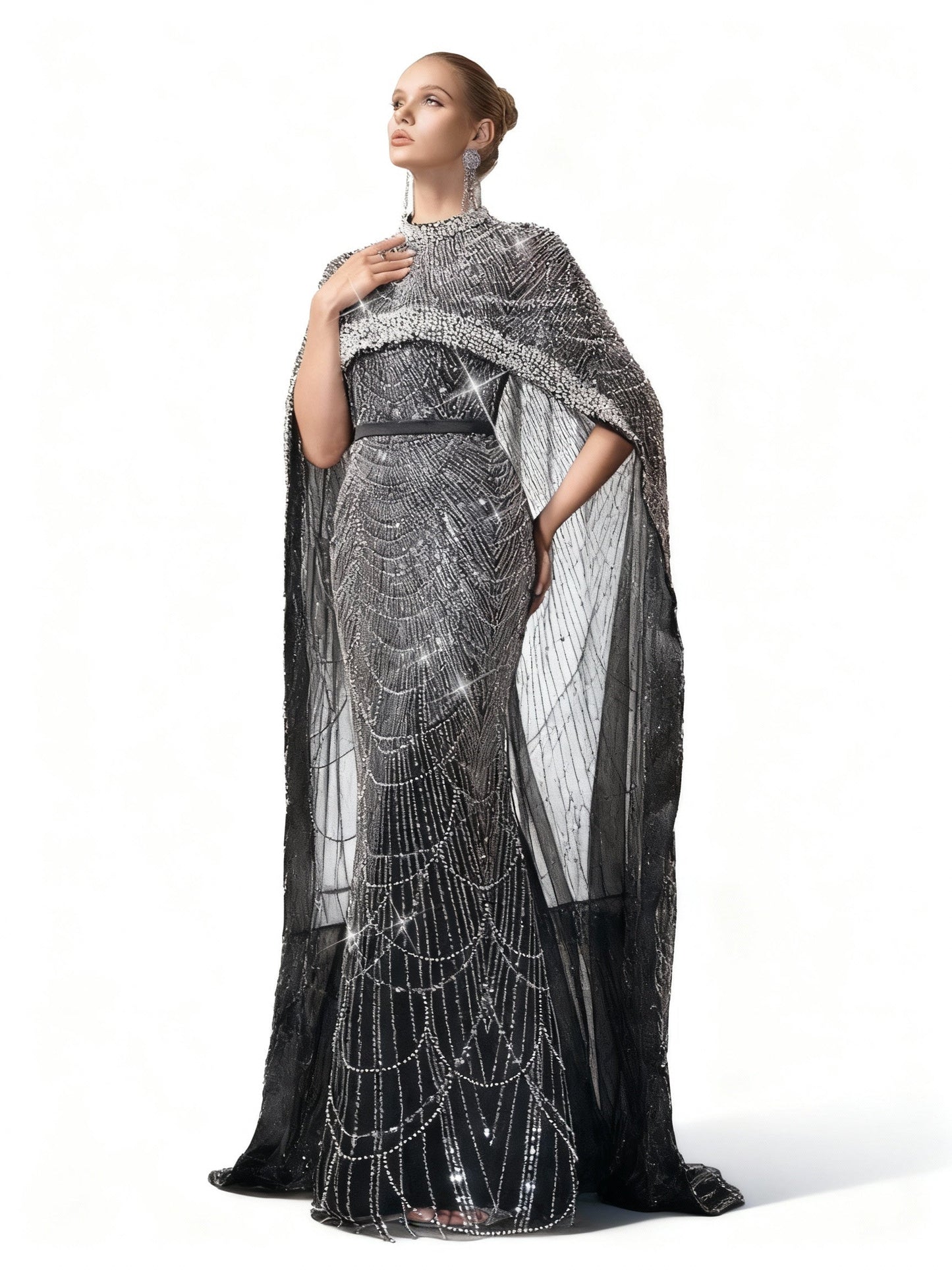 Stalluxe | Elegantes Schwarzes Abendkleid mit Perlen und Umhangärmeln