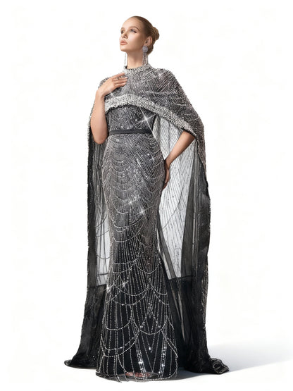 Stalluxe | Elegantes Schwarzes Abendkleid mit Perlen und Umhangärmeln