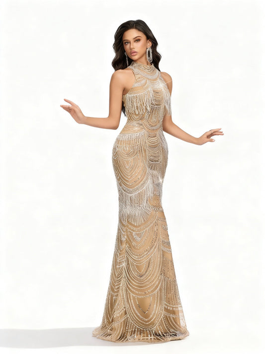 Stalluxe | Champagnerfarbenes Paillettenkleid mit Halter-Ausschnitt