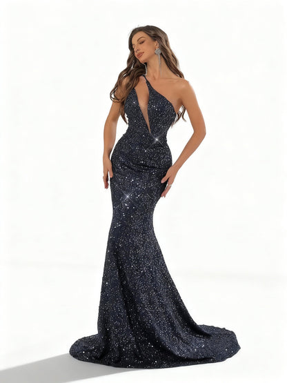 Stalluxe | Glamouröses Marineblaues Paillettenkleid mit Einem Schulterträger