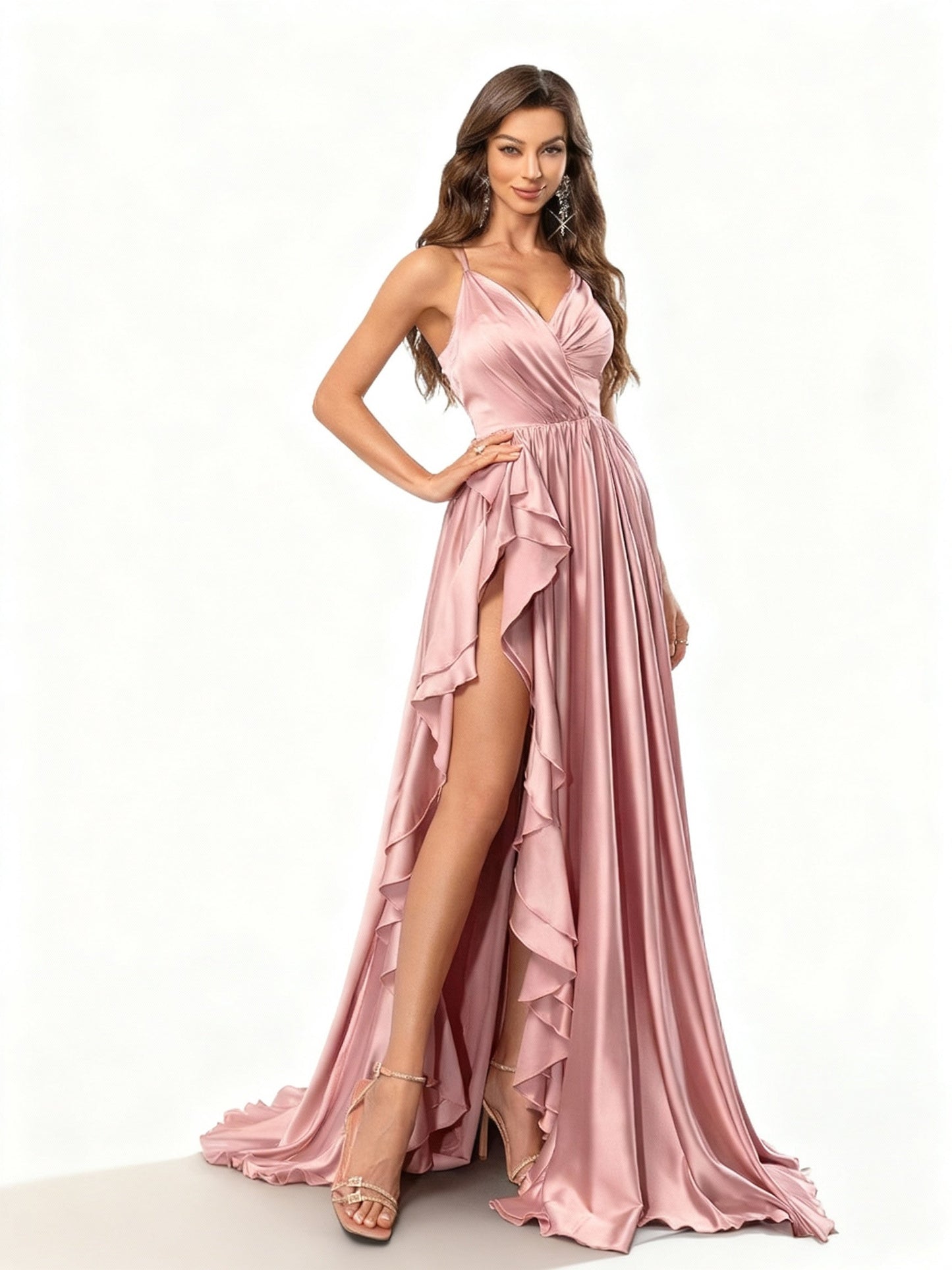 Stalluxe | Rosa Rückenfreies Brautjungfernkleid mit Hohem Schlitz