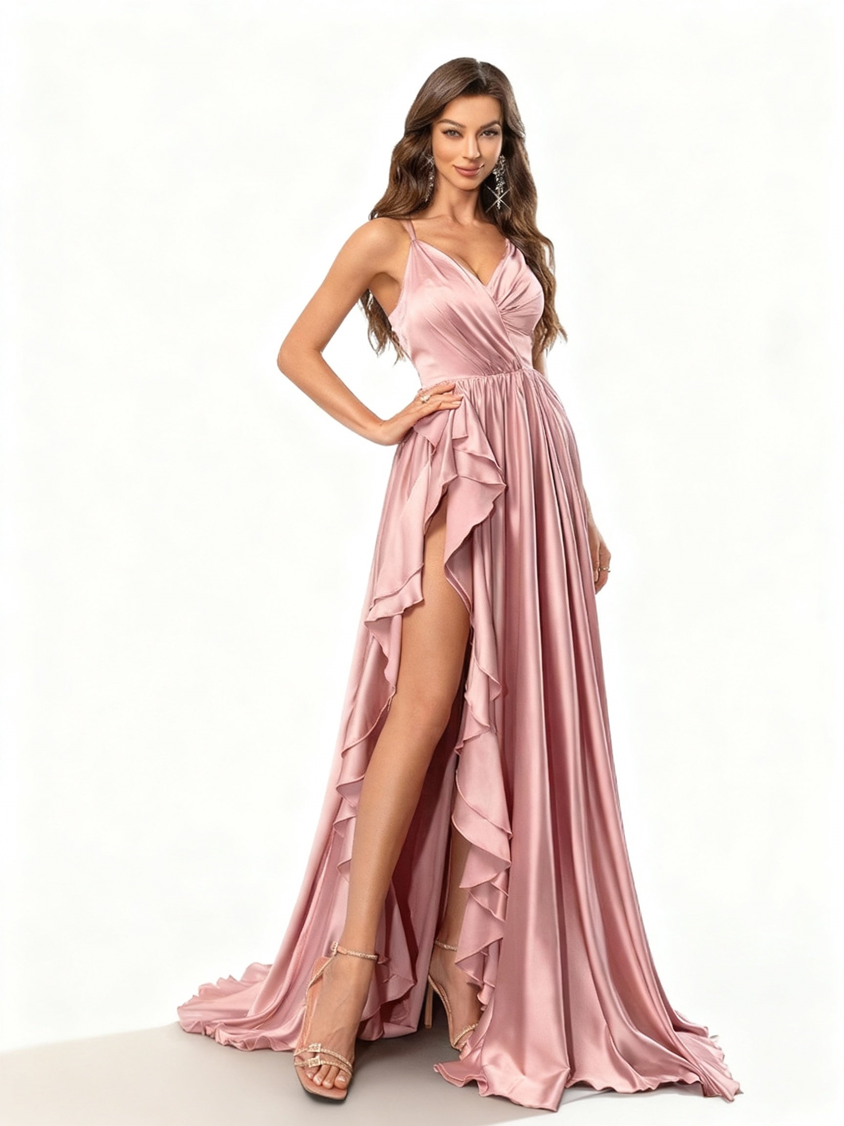 Stalluxe | Rosa Rückenfreies Brautjungfernkleid mit Hohem Schlitz