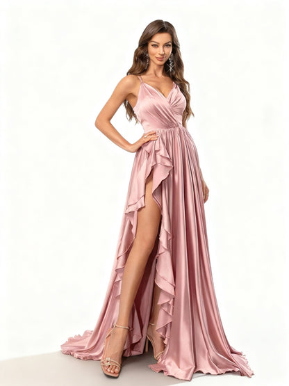 Stalluxe | Rosa Rückenfreies Brautjungfernkleid mit Hohem Schlitz