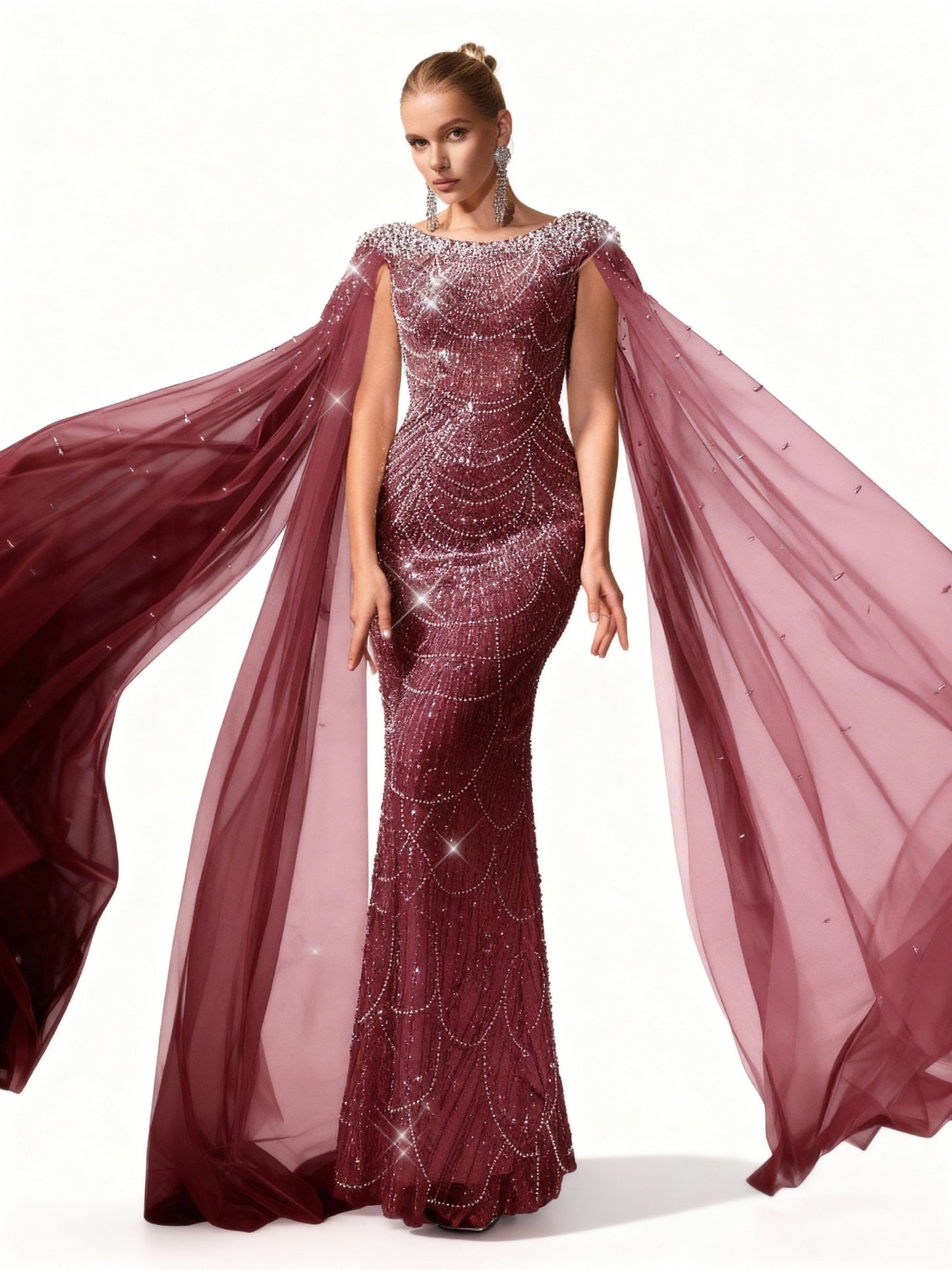 Stalluxe | Champagnerfarbenes Netzkleid mit Perlenverzierung Weinrot