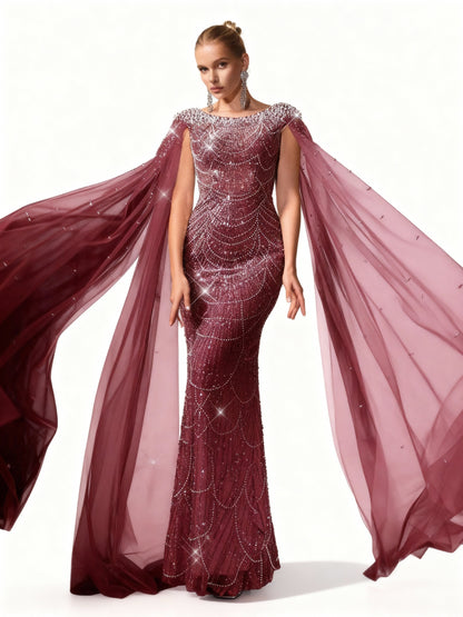 Stalluxe | Champagnerfarbenes Netzkleid mit Perlenverzierung Weinrot