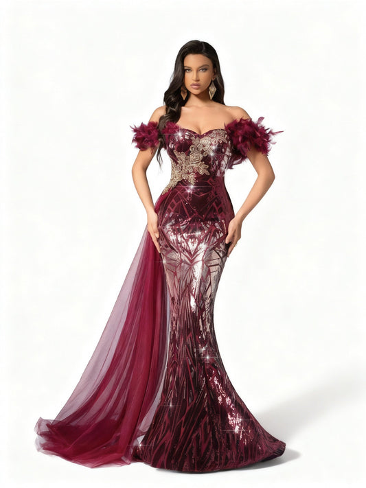 Stalluxe | Burgunderfarbenes One-Shoulder-Kleid mit Federdekor