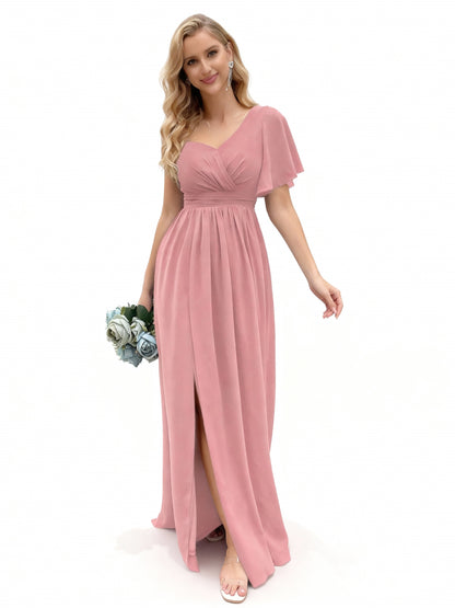 Stalluxe | Ein Schulter Brautjungfernkleid mit Rüschenärmeln Rosa