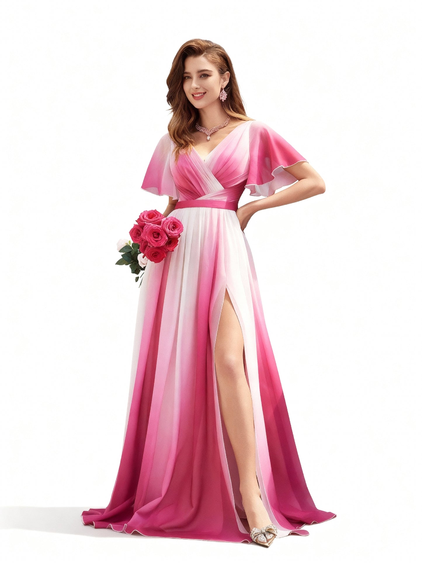 Stalluxe | Romantisches Abendkleid mit Farbverlauf, Wickeldesign und hohem Schlitz XL