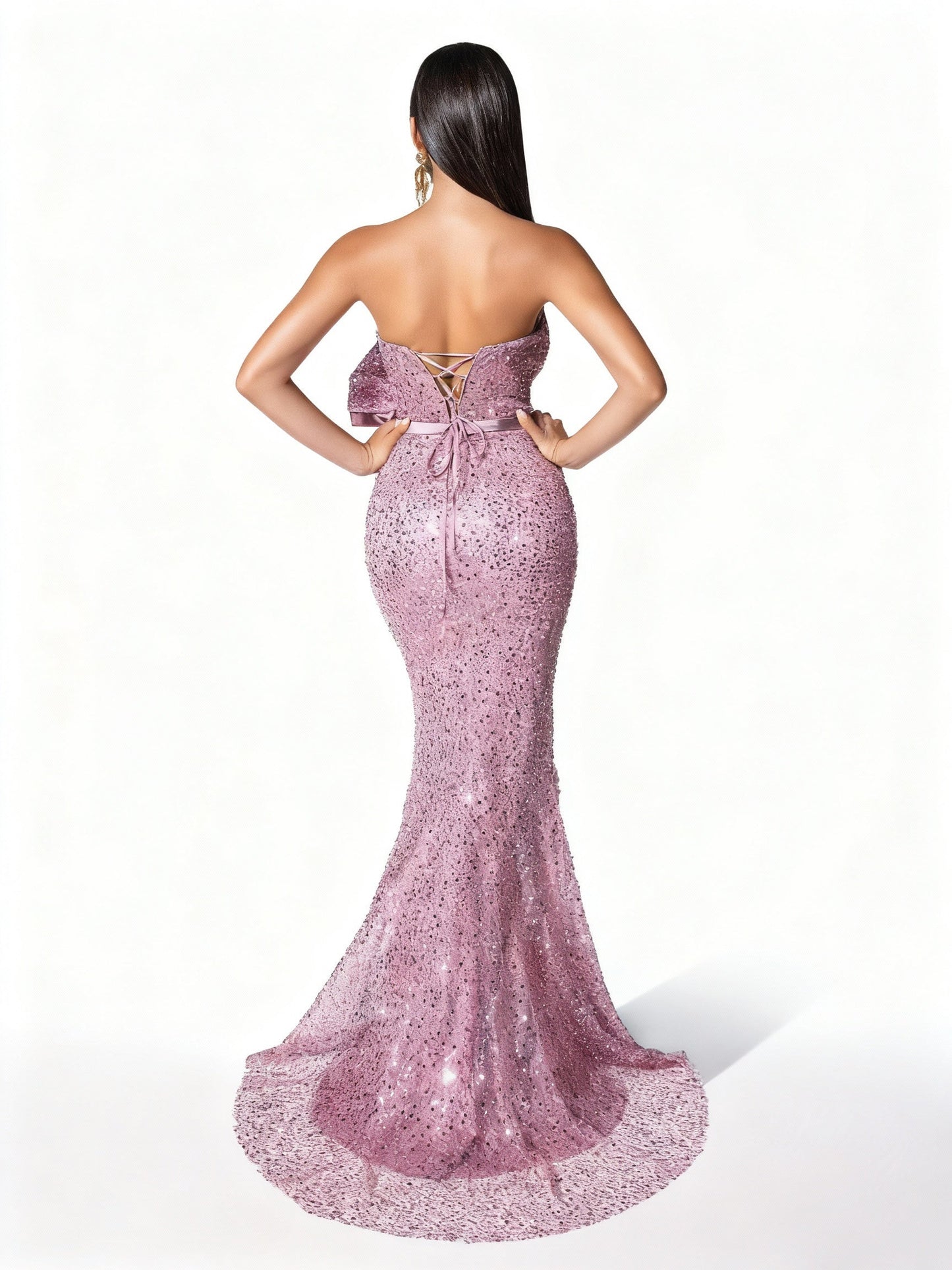 Stalluxe | Rosafarbenes Pailletten Abendkleid mit Schleife und Meerjungfrauen-Schnitt