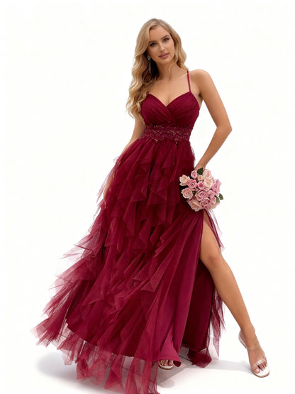 Stalluxe | Burgunderrotes Mehrlagiges Rüschenkleid mit Trägern