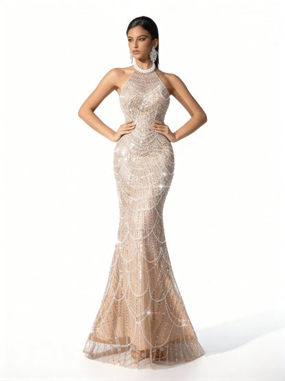 Stalluxe | Rückenausschnittkleid mit Meerjungfrauen-Saum Champagnerfarbe