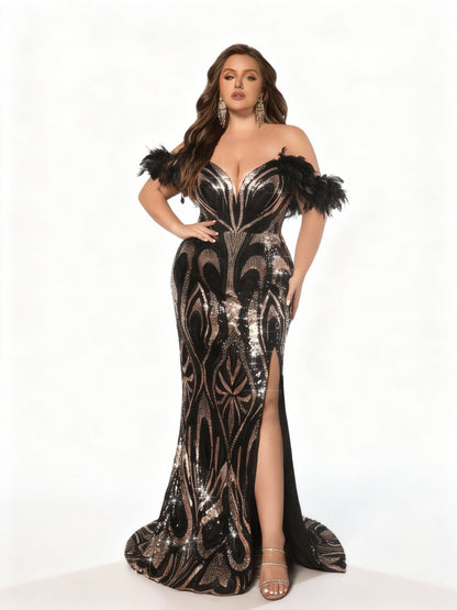 Stalluxe | Schwarzes Trägerloses Pailletten-Abendkleid in Übergröße