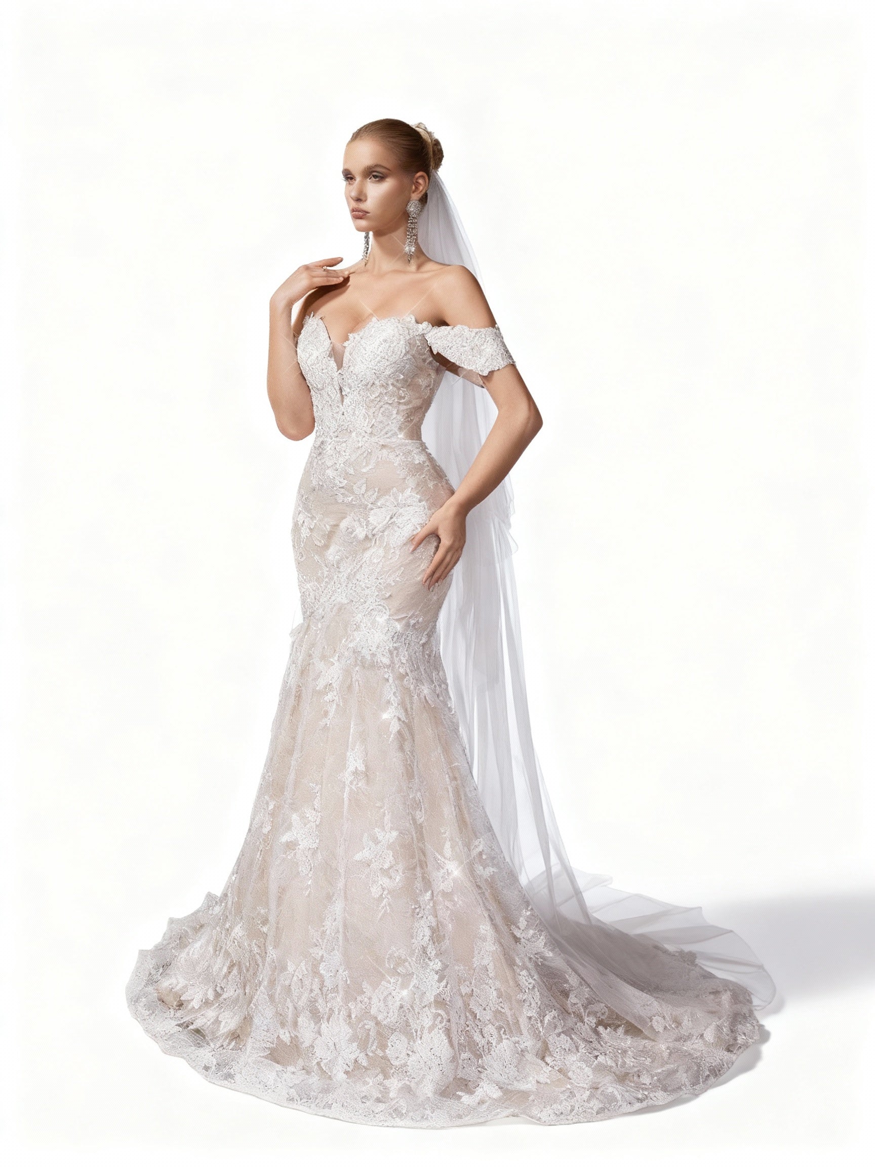 Stalluxe | Ein-Schulter Spitze Hochzeitskleid mit Falten und Blumenstickerei