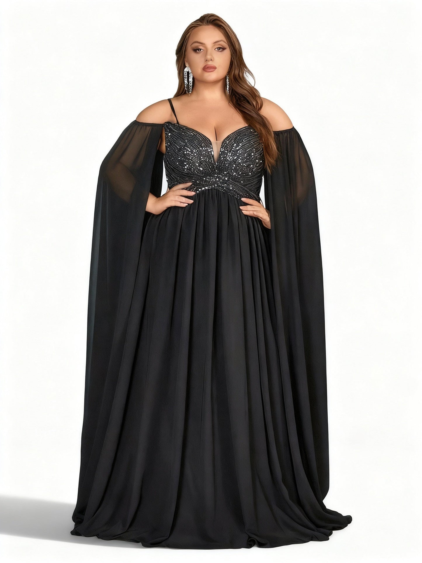 Stalluxe | Göttliches Schwarzes Kleid in Übergröße mit Pailletten und Cape-Ärmeln 5XL