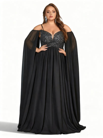Stalluxe | Göttliches Schwarzes Kleid in Übergröße mit Pailletten und Cape-Ärmeln 5XL