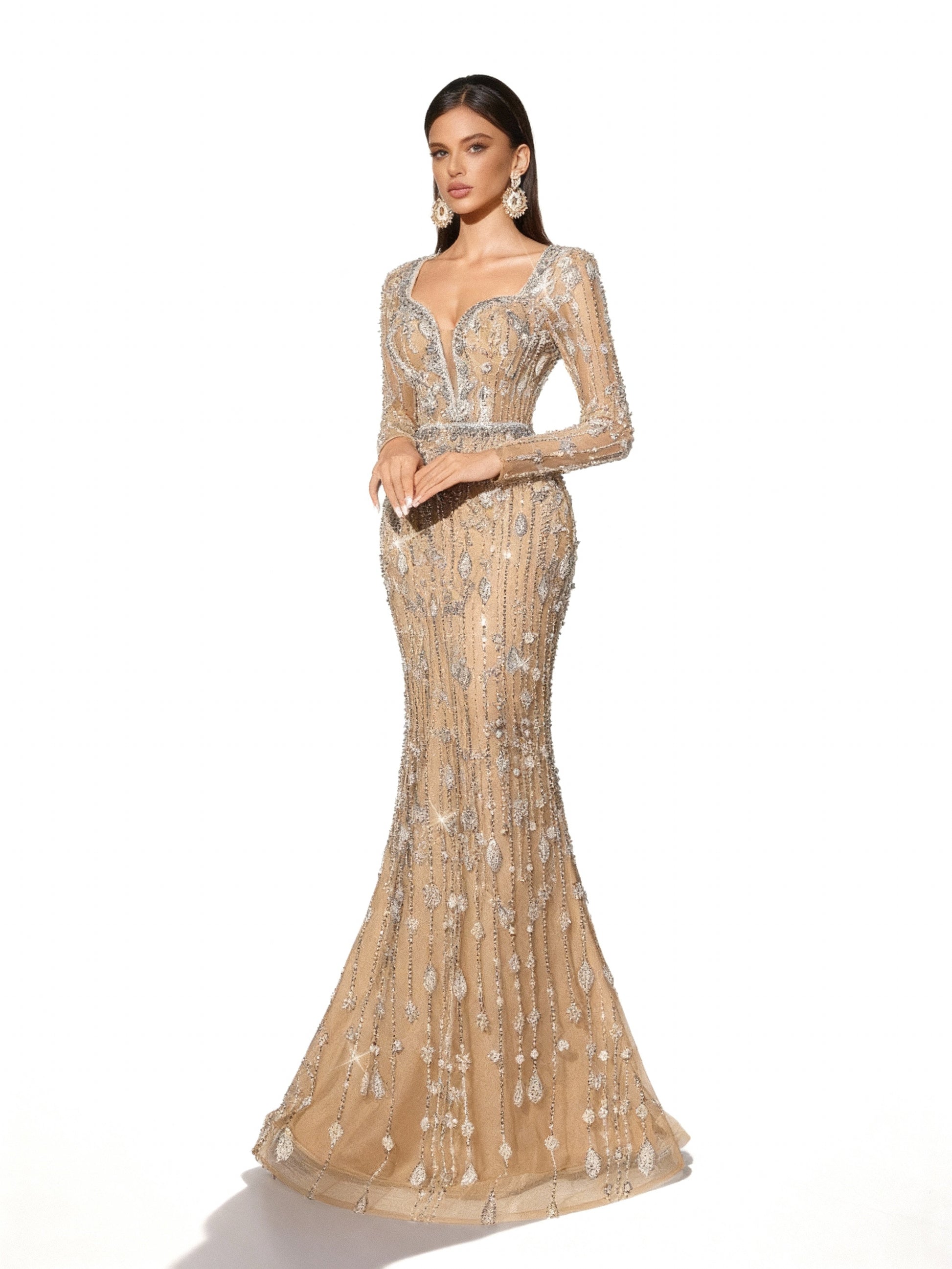 Stalluxe | Einfarbiges Paillettenkleid mit Tiefem V-Ausschnitt Champagnerfarbe