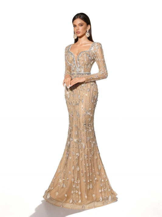 Stalluxe | Einfarbiges Paillettenkleid mit Tiefem V-Ausschnitt Champagnerfarbe