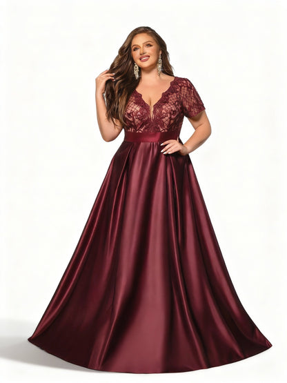 Stalluxe | Burgunderfarbenes Spitzen Abendkleid in Übergröße