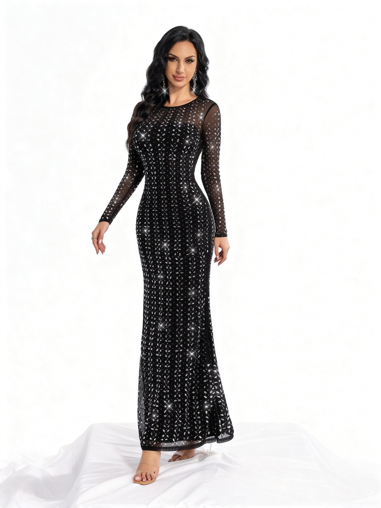 Stalluxe | Schwarzes Strasskleid mit Rundhals und Schlitz XL