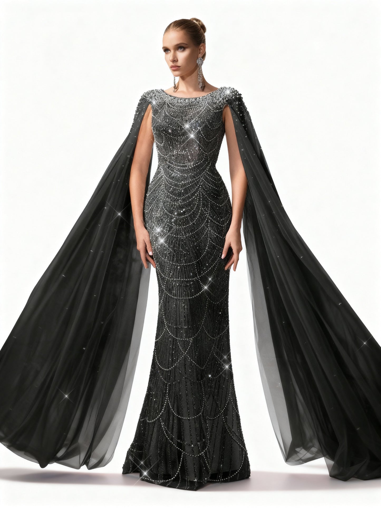 Stalluxe | Champagnerfarbenes Netzkleid mit Perlenverzierung Schwarz