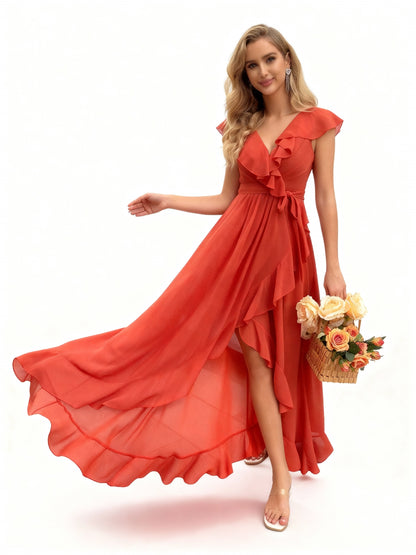 Stalluxe | Elegantes Brautjungfernkleid in Korallenorange mit V-Ausschnitt und Rüschen-Details