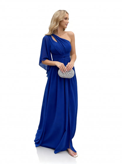 Stalluxe | Asymmetrisches Abendkleid in Schatzblau mit weiten Ärmeln und Schlitz XL