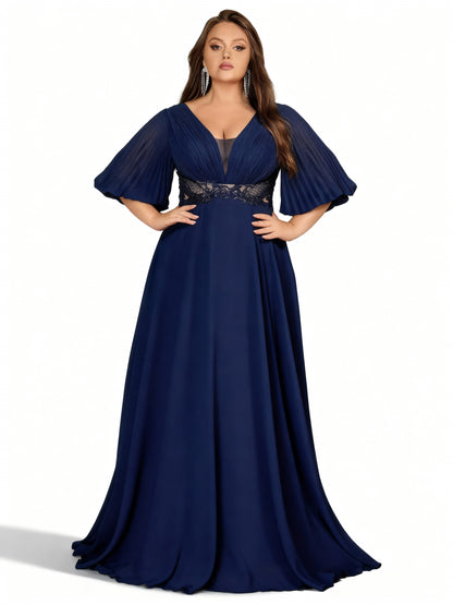 Stalluxe | Chiffon-Abendkleid in Marineblau mit Laternenärmeln und V-Ausschnitt in Übergröße 5xl