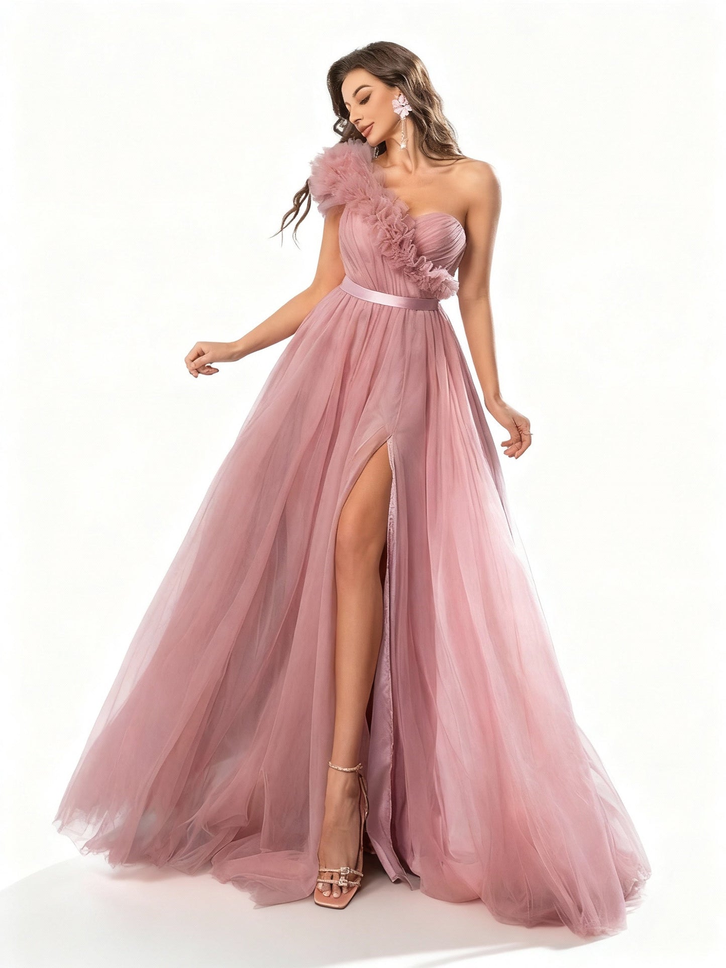 Stalluxe | Rosa Meshkleid mit Einer Schulter und Schlitz