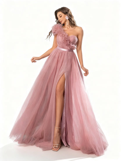 Stalluxe | Rosa Meshkleid mit Einer Schulter und Schlitz