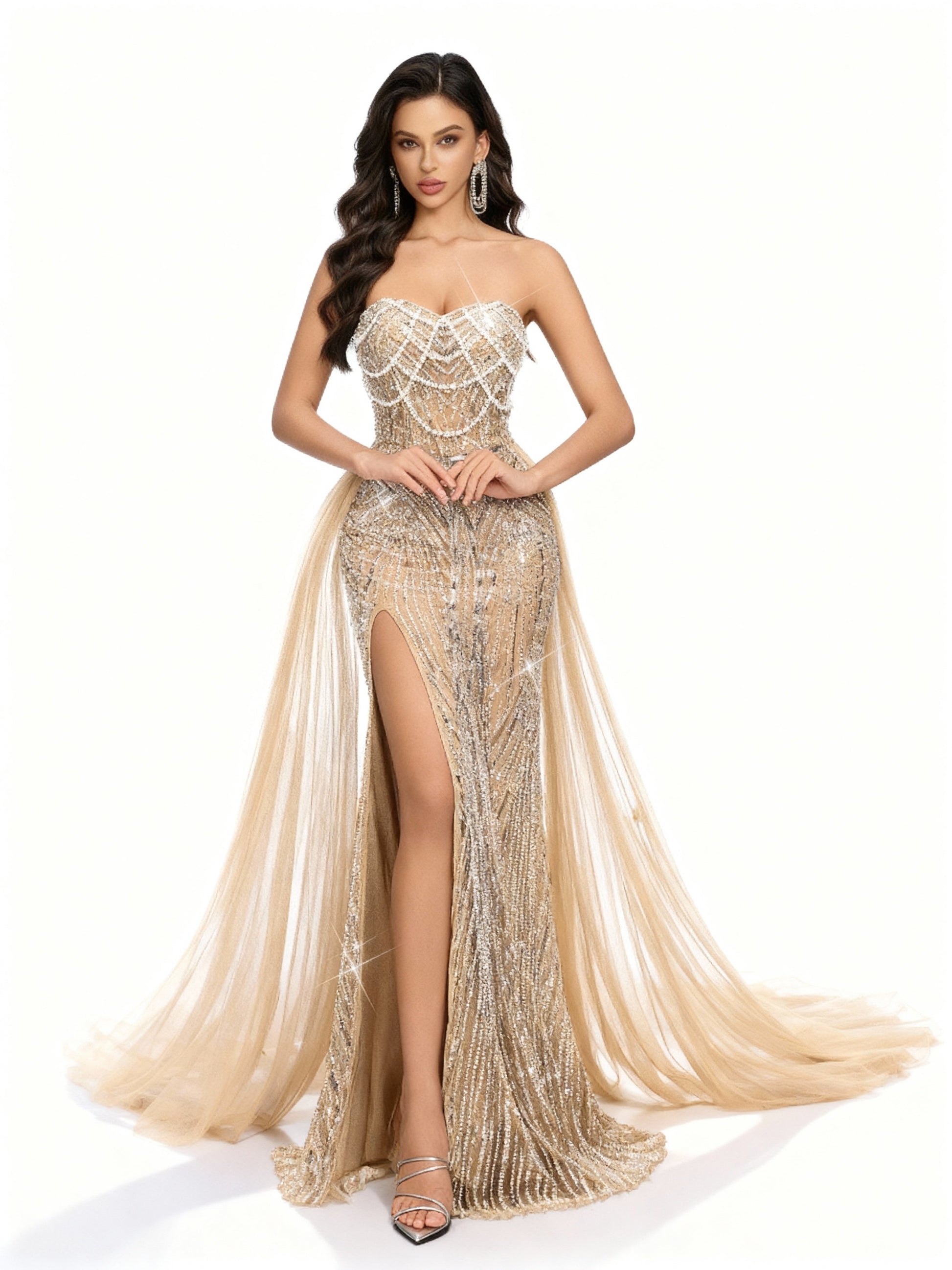 Stalluxe | Champagnerfarbenes Trägerloses Cocktailkleid