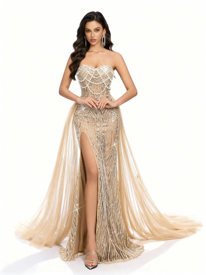 Stalluxe | Champagnerfarbenes Trägerloses Cocktailkleid