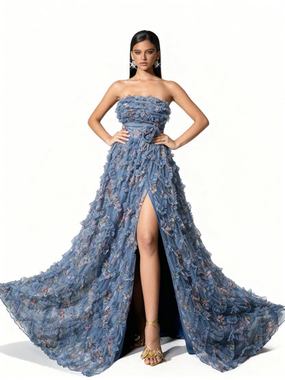 Stalluxe | Sommerliches Abendkleid mit Blumenmuster, offenem Rücken und hohem Beinschlitz Blau