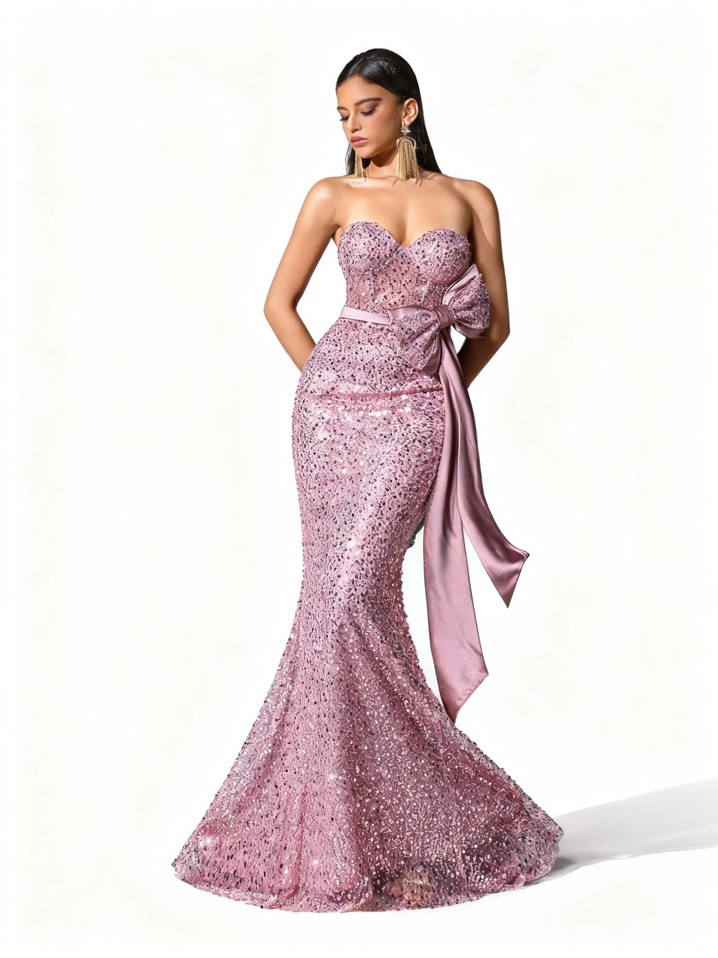 Stalluxe | Rosafarbenes Pailletten Abendkleid mit Schleife und Meerjungfrauen-Schnitt XL