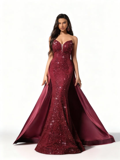 Stalluxe | Burgunderfarbenes Paillettenkleid mit Trägerlosem Ausschnitt XL
