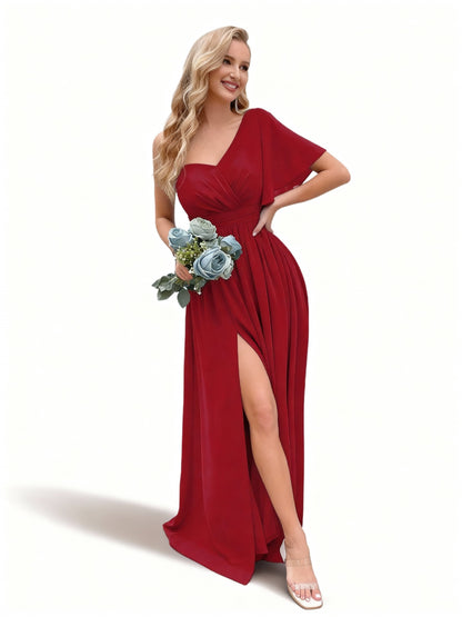 Stalluxe | Ein Schulter Brautjungfernkleid mit Rüschenärmeln Rot