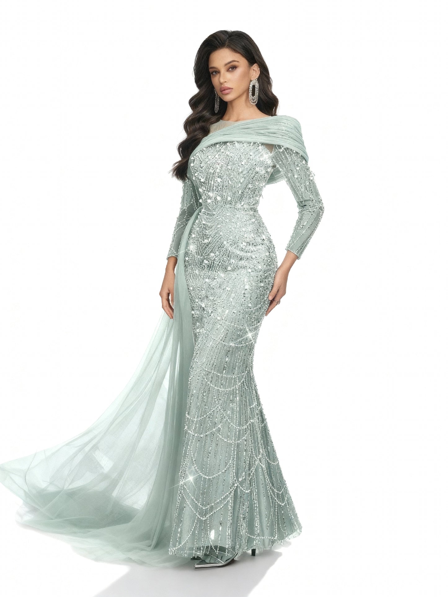 Stalluxe | Champagnerfarbenes Perlenkleid mit Langen Ärmeln Hellblau